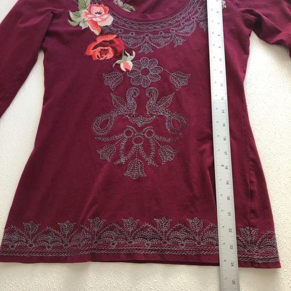Johnny Was Burgundy Floral Embroidered Top - Picture 11 of 13
